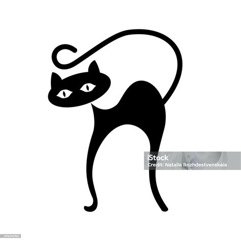 seekor kucing hitam bergaya membentang gambar hitam putih  latar