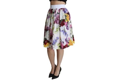 Dolce And Gabbana Multicolor White Cotton Floral A Line Midi Skirt Rose