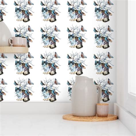 CATS TABBY WHITE BUTTERFLIES Wallpaper | Spoonflower