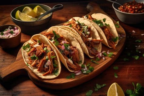 Carnitas Mexicanas Tradicionais E Tacos De Frango Em Mesa De Madeira