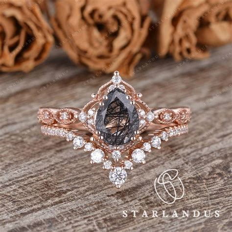 Unique Black Rutilated Quartz Engagement Ring Set Pcs Rose Gold