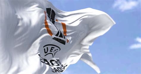 Rear View Of The Uefa Europa League Flag Waving In The Wind Stock