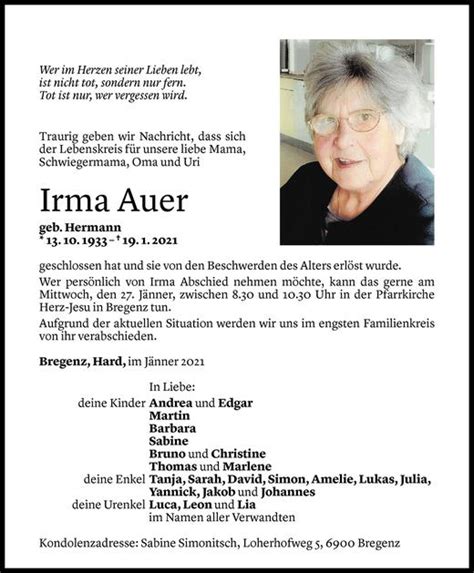 Todesanzeigen Von Irma Auer Todesanzeigen Vorarlberger Nachrichten