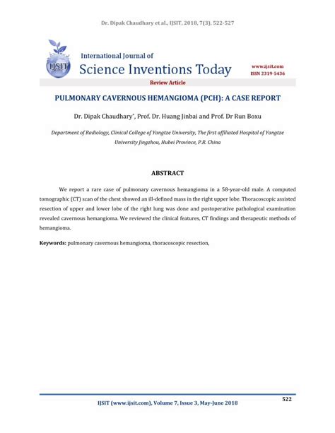 PDF PULMONARY CAVERNOUS HEMANGIOMA PCH A CASE Ijsit Admin