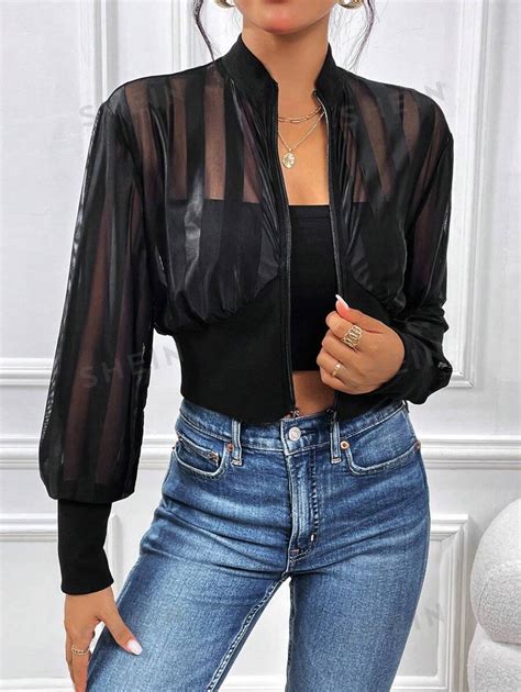 Shein Essnce Contrast Mesh Lantern Sleeve Jacket Shein Usa