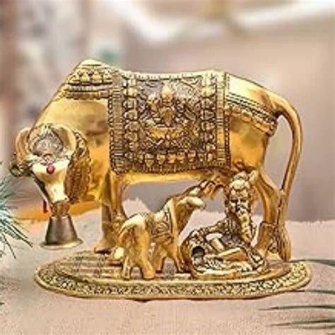 Handicraft Metal Kamdhenu Cow And Calf Idol Gold Finish Holy Spiritual