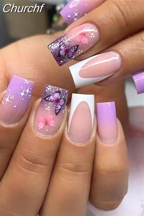 Churchf Nail Full Cover Fake Nail Pink Glitter Wearable French Short