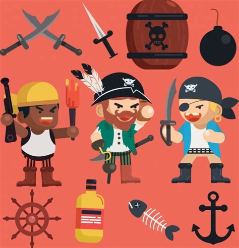 Pirate Design Elements Men Sword Anchor Explosive Icons Vectors Images