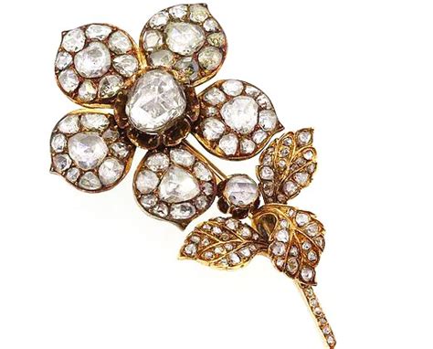 Antique Victorian Rose Cut Diamond Floral Brooch Set In Silver And Gold