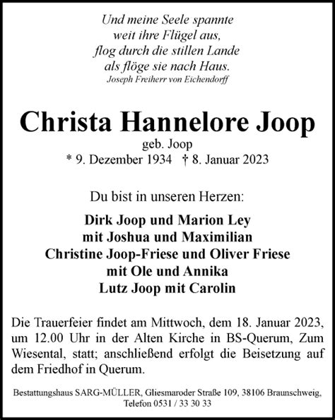 Traueranzeigen Von Christa Hannelore Joop Trauer De