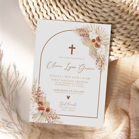 Editable Pampas Grass Baptism Invitation Bohemian Baptism Etsy