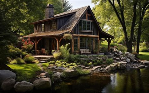 Premium AI Image | Rustic Wooden Cabin Exterior