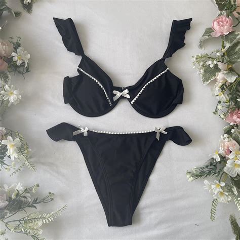 Balletcore Black And White Detailed Bow Bikini Set Depop