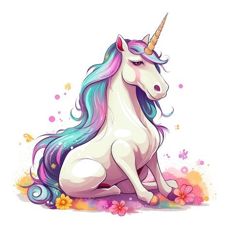 Un Unicornio Con Cabello Azul Y Morado Y Cola Azul Se Sienta Sobre Un