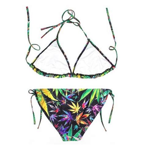 Black Colorful Maple Hemp Leaves Two Piece Sexy BIkini Swimwear