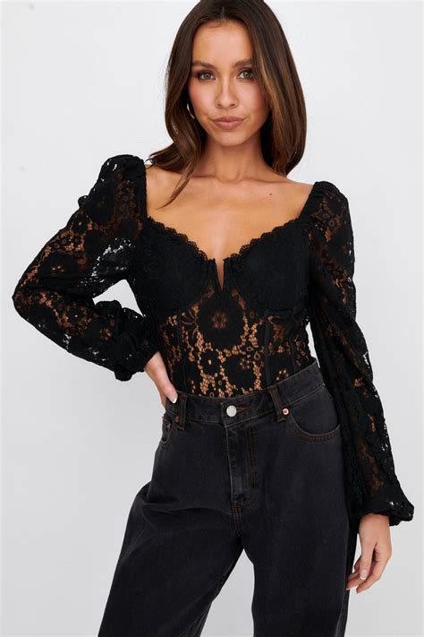 Shop The Adored Long Sleeve Lace Bodysuit Black Selfie Leslie