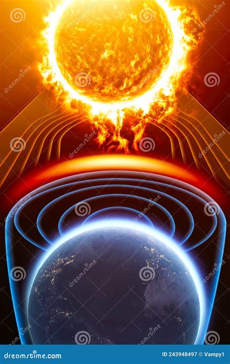 Sun And Solar Storm Earth`s Magnetic Field Earth And Solar Wind Stock