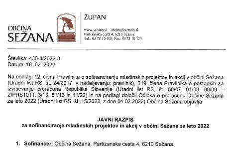 Javni Razpis Za Sofinanciranje Mladinskih Projektov In Akcij V Ob Ini