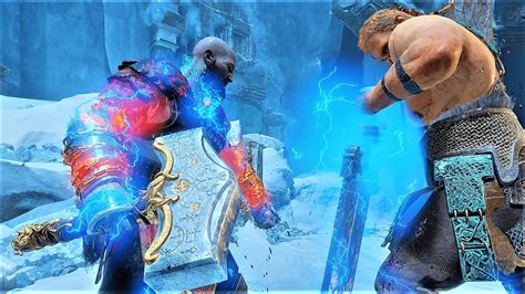 God Of War Ragnarok Kratos Uses Thors Hammer Mjonir Against Magni And Modi Pc Mod Youtube