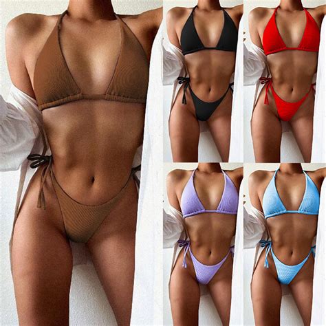 Sexy Bikini Deep V Beachwear Two Piece Swimsuit Low Back Bathing Suit