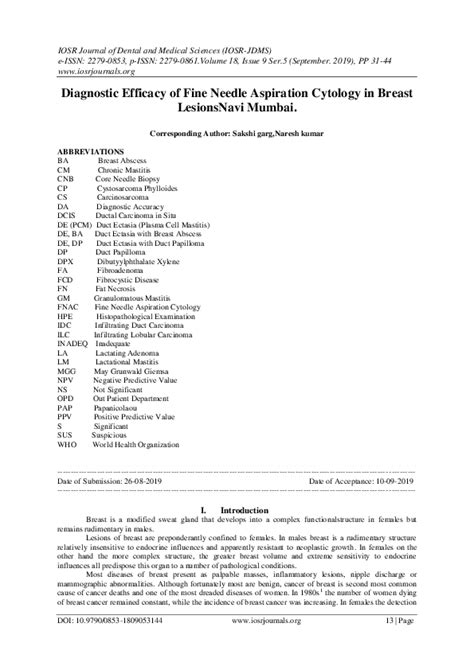 Pdf Diagnostic Efficacy Of Fine Needle Aspiration Cytology In Breast