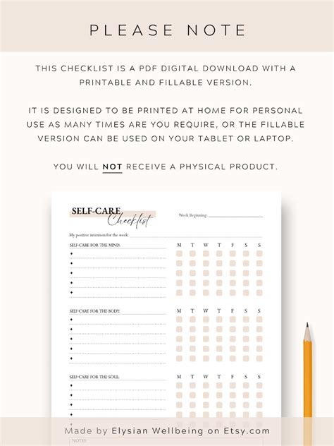 Weekly Self Care Checklist Printable Fillable Pdf Mind Etsy