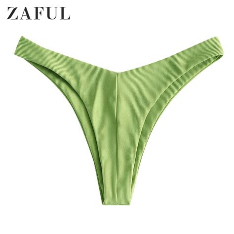 Zaful Light Green Women Ribbed High Leg Bikini Bottom Middle Waist