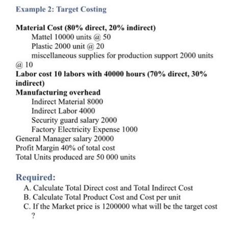 Solved Example 2: Target Costing Material Cost (80% direct, | Chegg.com