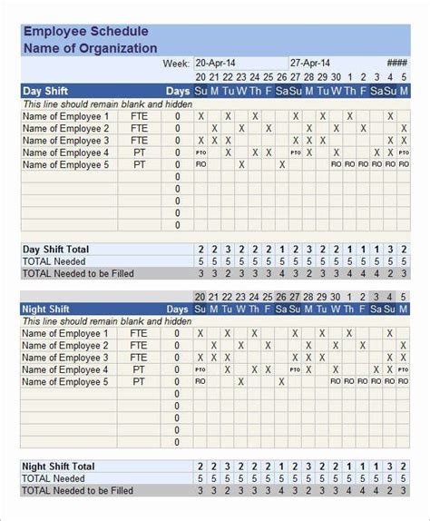 the employee schedule is shown in this format for employees to work on ...