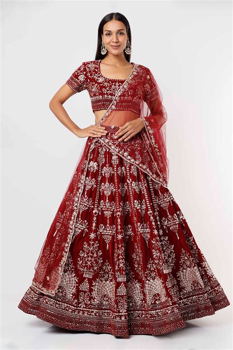 Buy Red Velvet Embroidery Floral Square Neck Bridal Lehenga Set For