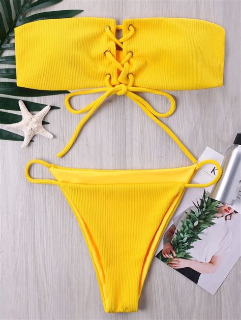 Buy Women Ribbed Lace Up Bandeau Bikini Set Sexy Solid