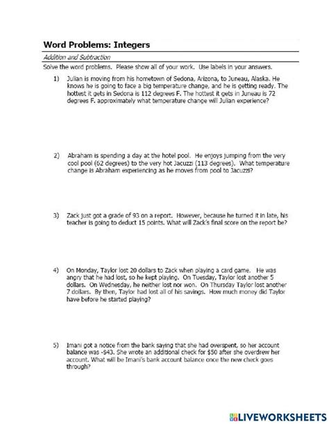 Adding And Subtracting Integers Word Problem Online Exercise For