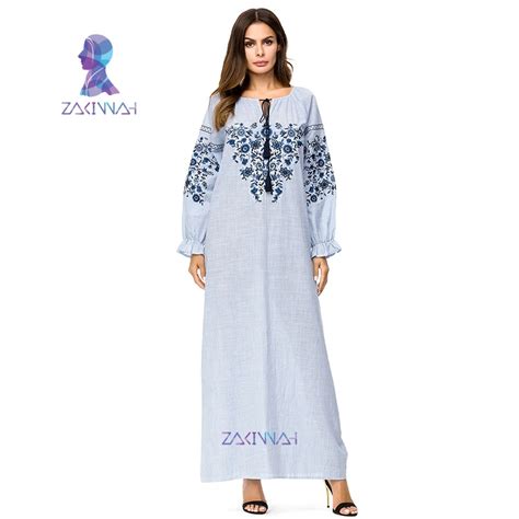 Muslim Denim Dress Abayas For Women Flowers Embroidery Women Dress