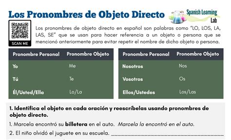 Pronombres De Objeto Directo Worksheet Answers