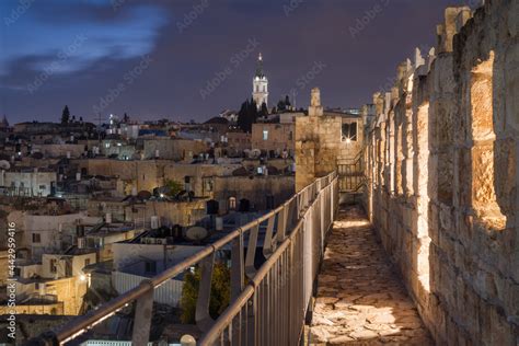 Jerusalem Old city Ramparts. Night view of ancient Jerusalem from the ...