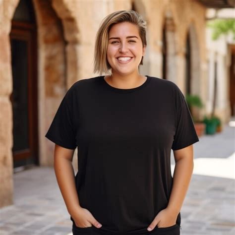 A Woman Wearing A Black Shirt With A Picture Of A Man On The Front