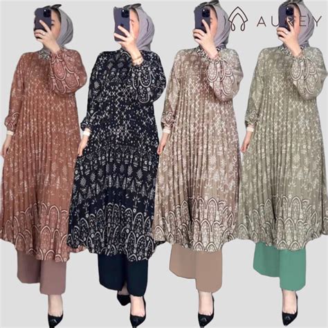 Jual Aurey Oneset Long Tunik Plisket Kamila Setelan Tunik Panjang