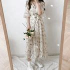 Yunhouse Elbow Sleeve Floral Print Midi A Line Dress Yesstyle