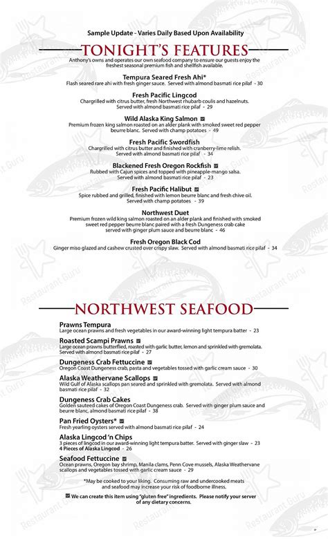 Menu at Anthony's at Spokane Falls steakhouse, Spokane