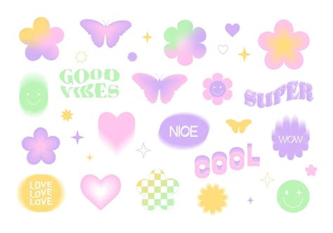 Premium Vector Y2k Blurred Gradient Sticker Set Butterfly Heart Daisy