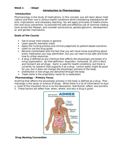 Week Introduction To Pharmacology Edapt Notes Week Edapt