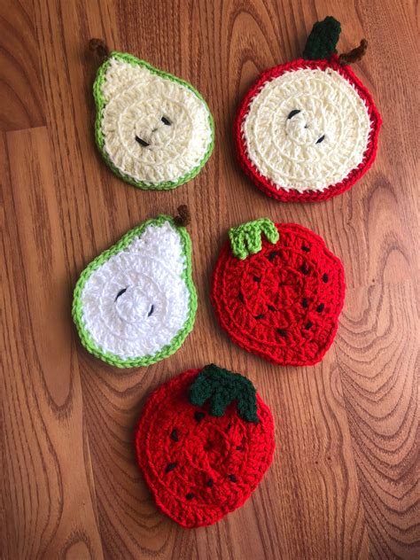 Hand Crocheted Set Of Five Coasters Assorted Fruits Strawberries