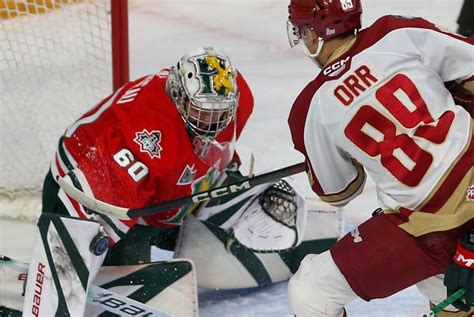 Halifax Mooseheads Mathis Rousseau Stops A Shot By Acadie Bathurst