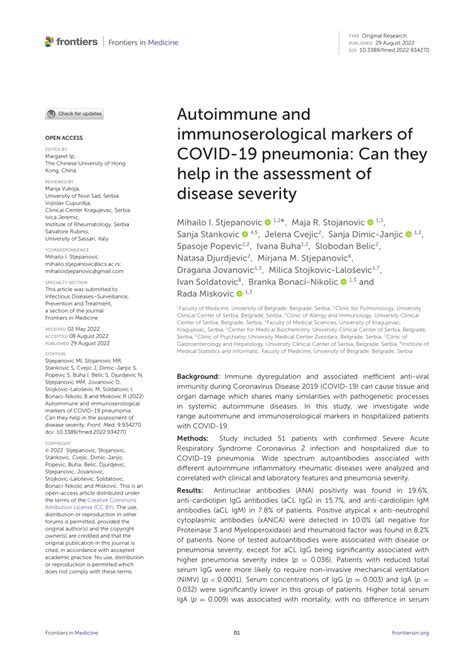 Pdf Autoimmune And Immunoserological Markers Of Covid Pneumonia