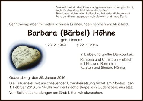 Traueranzeigen von Barbara Höhne Trauer HNA de