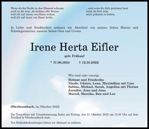 Traueranzeigen Von Irene Herta Eifler Rz Trauer De