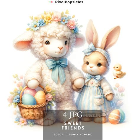 4 Sweet Friends Easter Lamb Bunny Clipart Scrapbooking Card