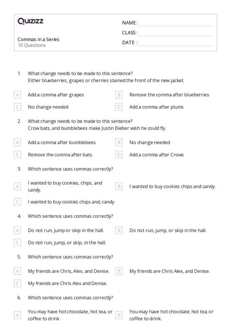 50 Commas In A Series Worksheets On Quizizz Free And Printable