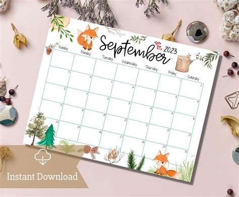 Editable September 2023 Calendar Back To School Cute Fox Beautiful