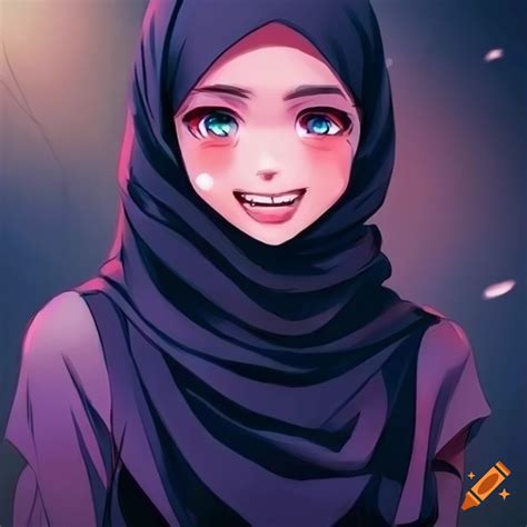 A Vibrant Digital Art Of A Hijab Clad Anime Girl With A Joyous Smile